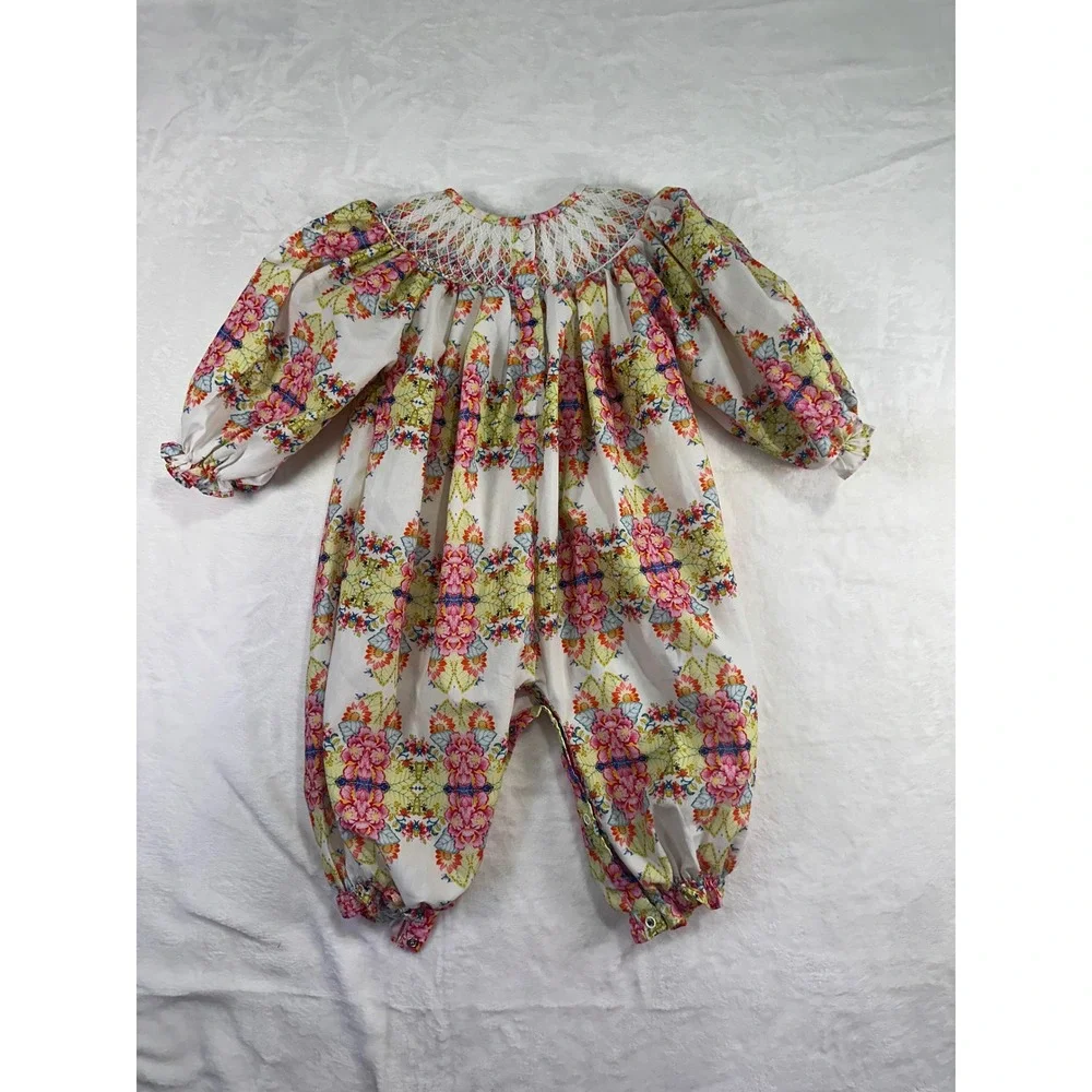 Magnolia Steel Smocked Floral Bubble Romper 18M White Pink Long Sleeve Baby Girl